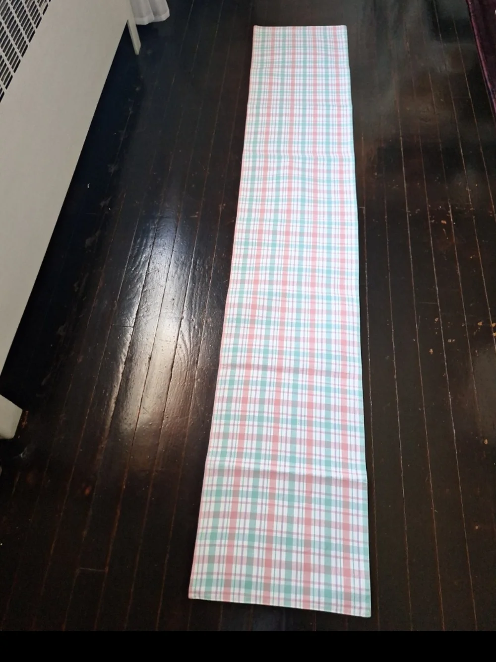 Light Blue Cotton Table Runner with Bunny Motif With Plaid Backing.used Both Sid